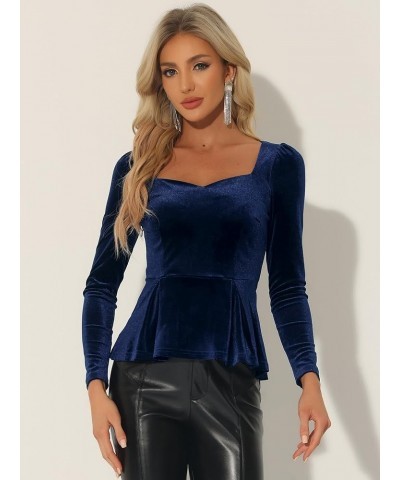 Velvet Blouse for Women's Elegant Sweetheart Neck Long Sleeve Peplum Top Navy Blue $16.23 Blouses