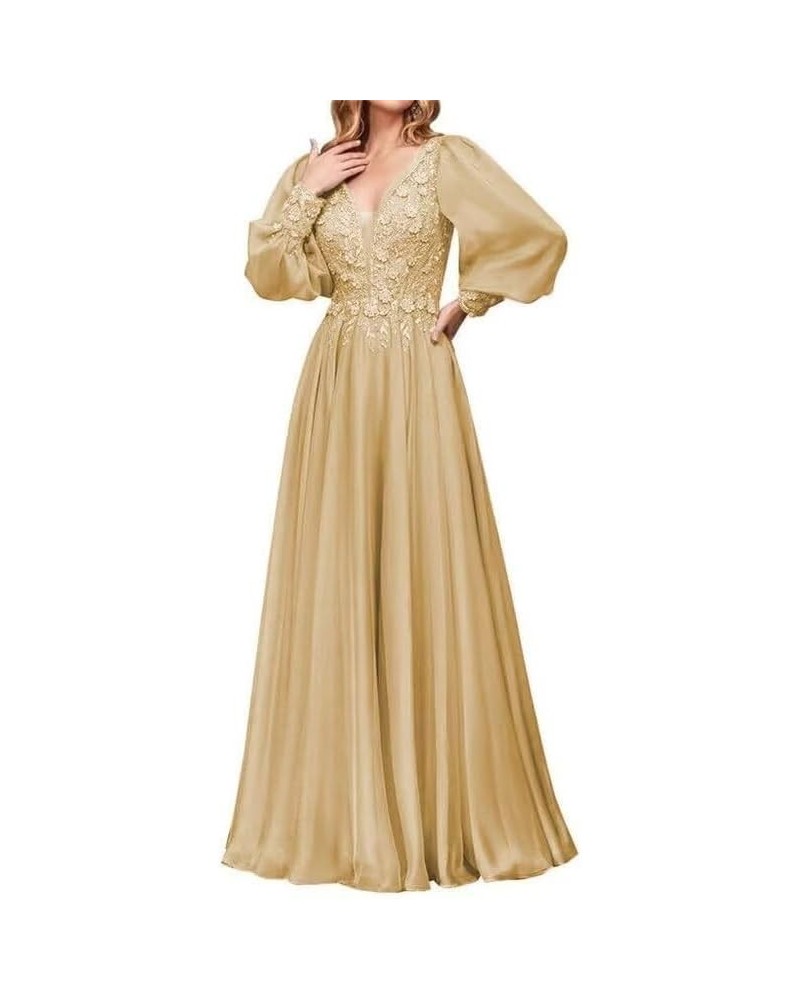 Chiffon Mother of The Bride Dresses Laces Appliques V Neck Long Sleeve Formal Evening Gowns Gold $39.21 Dresses