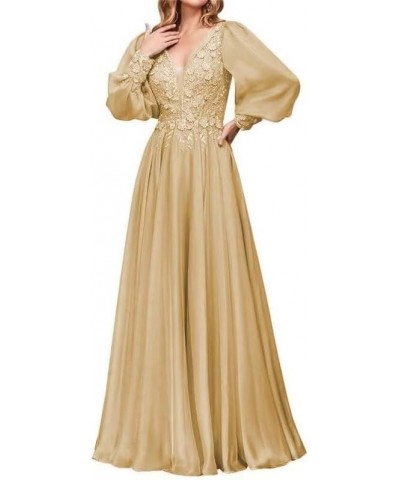 Chiffon Mother of The Bride Dresses Laces Appliques V Neck Long Sleeve Formal Evening Gowns Gold $39.21 Dresses