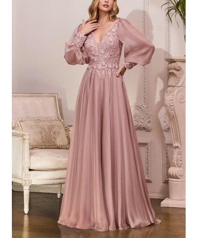 Chiffon Mother of The Bride Dresses Laces Appliques V Neck Long Sleeve Formal Evening Gowns Gold $39.21 Dresses