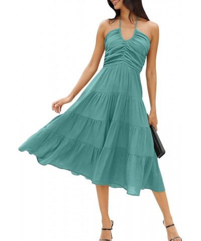 Women's Summer Halter Smocked Midi Dress Sleevelesss V Neck Ruffle Tiered Swing Flowy A Line Beach Sundress 8-light Blue $26....