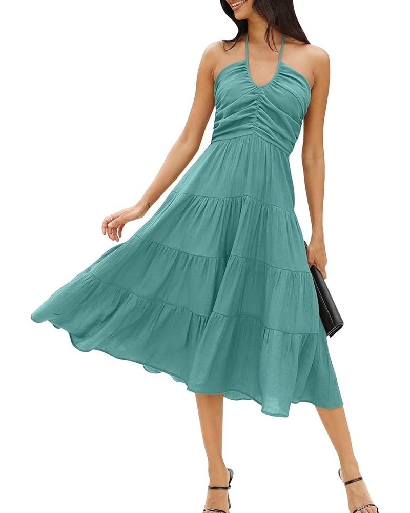 Women's Summer Halter Smocked Midi Dress Sleevelesss V Neck Ruffle Tiered Swing Flowy A Line Beach Sundress 8-light Blue $26....