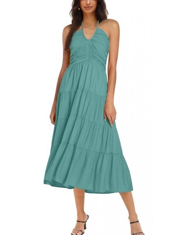 Women's Summer Halter Smocked Midi Dress Sleevelesss V Neck Ruffle Tiered Swing Flowy A Line Beach Sundress 8-light Blue $26....