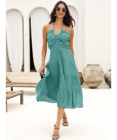 Women's Summer Halter Smocked Midi Dress Sleevelesss V Neck Ruffle Tiered Swing Flowy A Line Beach Sundress 8-light Blue $26....