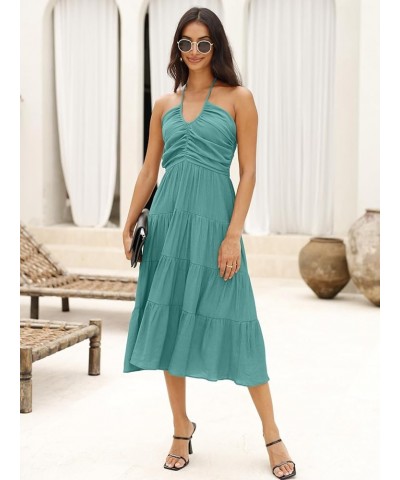 Women's Summer Halter Smocked Midi Dress Sleevelesss V Neck Ruffle Tiered Swing Flowy A Line Beach Sundress 8-light Blue $26....