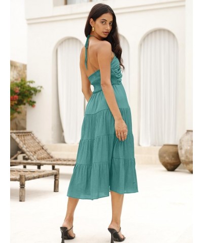 Women's Summer Halter Smocked Midi Dress Sleevelesss V Neck Ruffle Tiered Swing Flowy A Line Beach Sundress 8-light Blue $26....