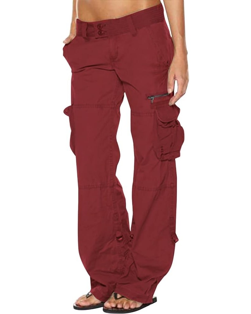 Womens Baggy Cargo Pants Low Rise Loose Casual Parachute Pants Relaxed Fit Straight Wide Leg Trouser 04 Wine $12.94 Pants