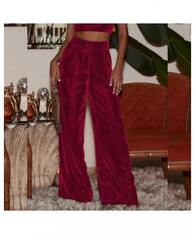 Velvet Pants for Women High Waist Loose Wide Leg Pants Casual Office Velour Long Trousers with Pockets Red $14.78 Pants