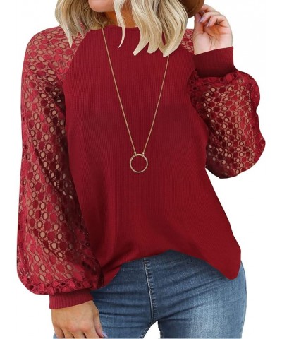Plus Size Tops for Women Lace Long Sleeve Solid Blouse Puff Splice Shirts Fall Winter Floral Blouses (XL-5XL) 2-wine Red $13....