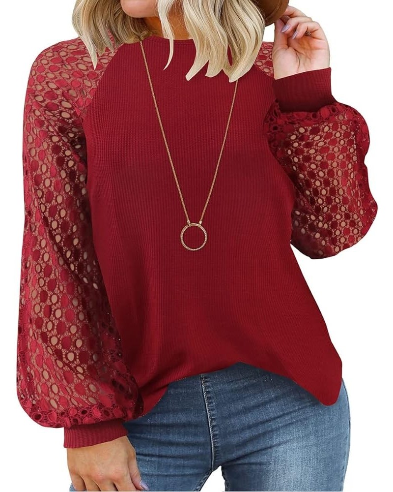 Plus Size Tops for Women Lace Long Sleeve Solid Blouse Puff Splice Shirts Fall Winter Floral Blouses (XL-5XL) 2-wine Red $13....