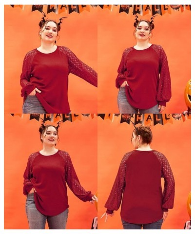 Plus Size Tops for Women Lace Long Sleeve Solid Blouse Puff Splice Shirts Fall Winter Floral Blouses (XL-5XL) 2-wine Red $13....