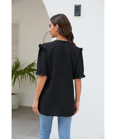 St. Jubileens Women's Plus Size Tunic Tops V Neck Ruffle Trim Short Sleeve Loose Casual Blouse Tops Pure Black $12.09 Tops