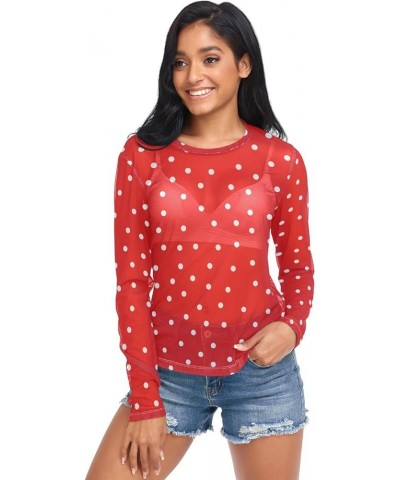 Christmas Pattern Greeting Women's Mesh See Through Shirts, O Neck Mesh Shirts Top Shirt White Dots on Red $9.53 T-Shirts