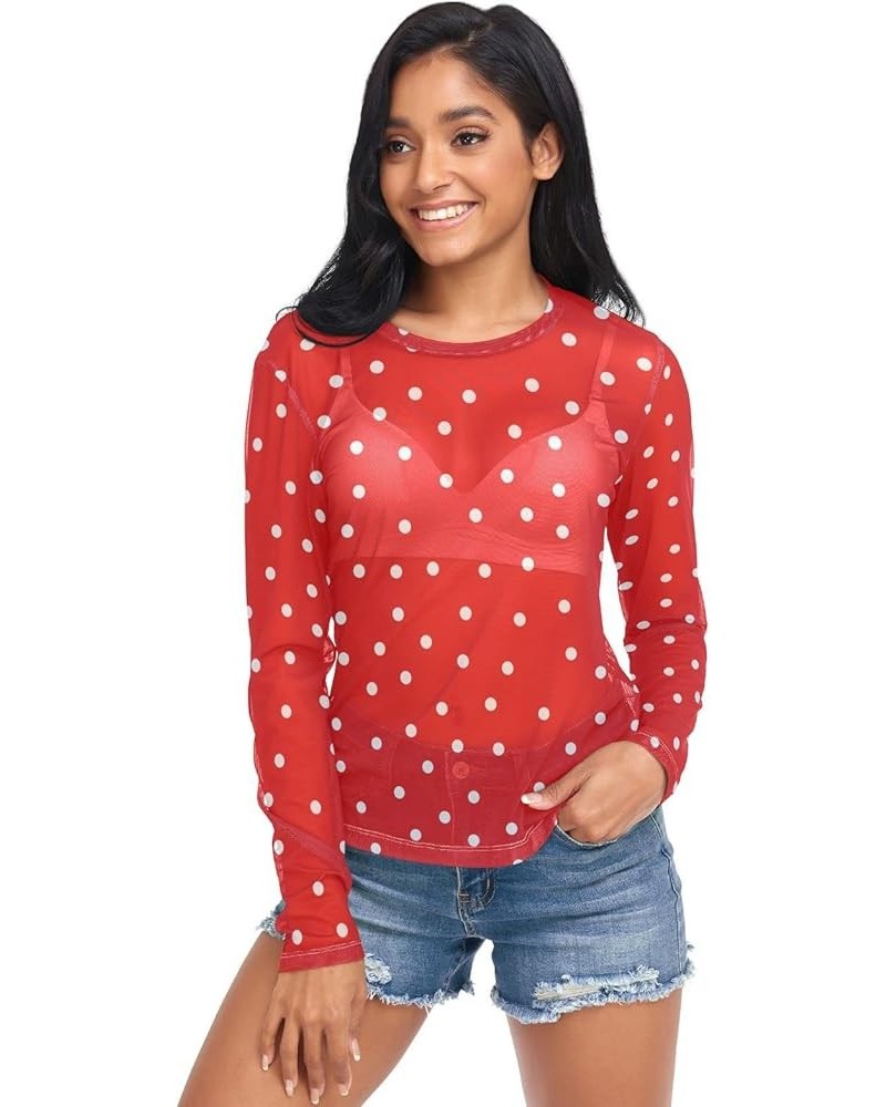 Christmas Pattern Greeting Women's Mesh See Through Shirts, O Neck Mesh Shirts Top Shirt White Dots on Red $9.53 T-Shirts