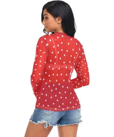 Christmas Pattern Greeting Women's Mesh See Through Shirts, O Neck Mesh Shirts Top Shirt White Dots on Red $9.53 T-Shirts