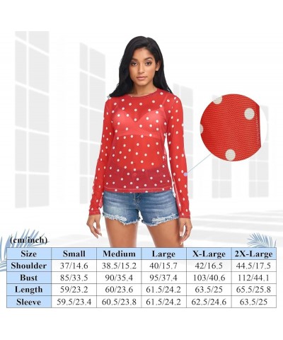 Christmas Pattern Greeting Women's Mesh See Through Shirts, O Neck Mesh Shirts Top Shirt White Dots on Red $9.53 T-Shirts