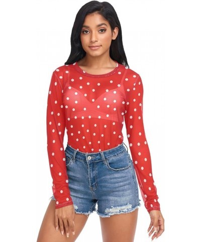 Christmas Pattern Greeting Women's Mesh See Through Shirts, O Neck Mesh Shirts Top Shirt White Dots on Red $9.53 T-Shirts