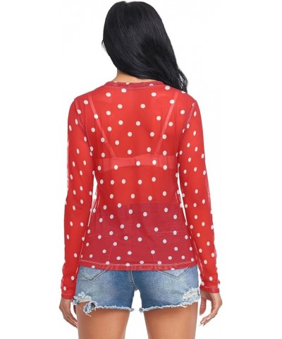 Christmas Pattern Greeting Women's Mesh See Through Shirts, O Neck Mesh Shirts Top Shirt White Dots on Red $9.53 T-Shirts