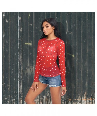 Christmas Pattern Greeting Women's Mesh See Through Shirts, O Neck Mesh Shirts Top Shirt White Dots on Red $9.53 T-Shirts