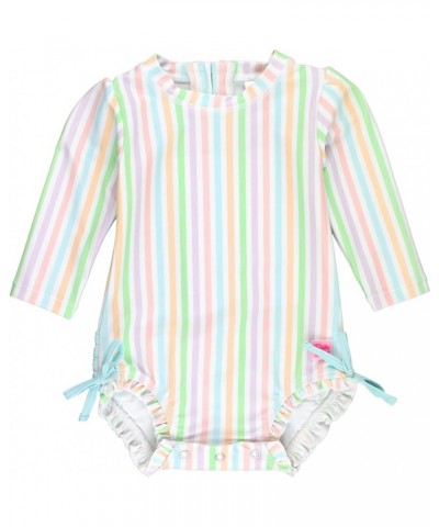 RuffleButts® Baby/Toddler Girls Long Sleeve One Piece Swimsuit with UPF 50+ Sun Protection Pale Rainbow Stripe $27.73 Swimsuits