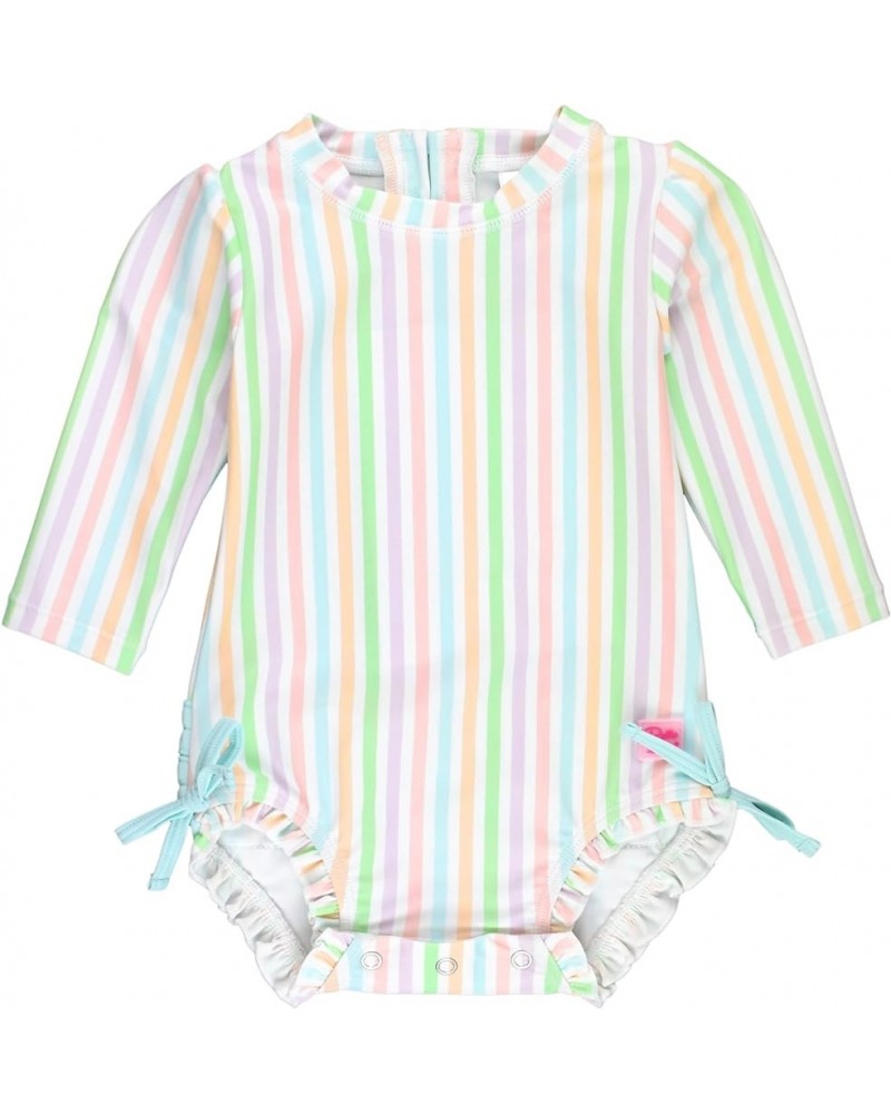 RuffleButts® Baby/Toddler Girls Long Sleeve One Piece Swimsuit with UPF 50+ Sun Protection Pale Rainbow Stripe $27.73 Swimsuits