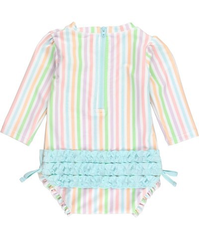 RuffleButts® Baby/Toddler Girls Long Sleeve One Piece Swimsuit with UPF 50+ Sun Protection Pale Rainbow Stripe $27.73 Swimsuits