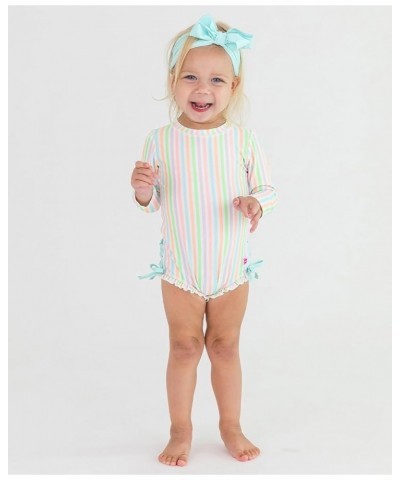 RuffleButts® Baby/Toddler Girls Long Sleeve One Piece Swimsuit with UPF 50+ Sun Protection Pale Rainbow Stripe $27.73 Swimsuits