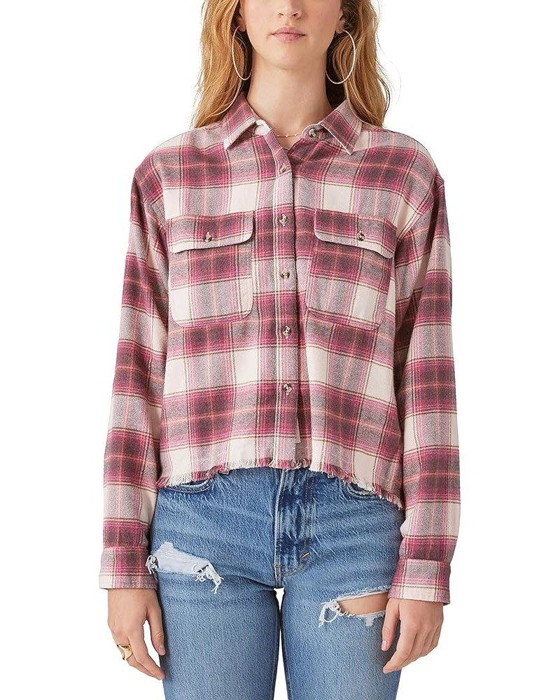 Women's Raw Edge Plaid Cropped Button Down Shirt Pink Plaid $23.31 Blouses