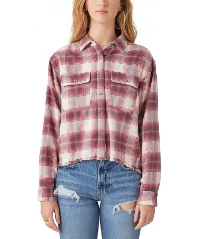 Women's Raw Edge Plaid Cropped Button Down Shirt Pink Plaid $23.31 Blouses