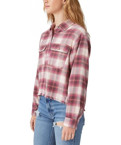 Women's Raw Edge Plaid Cropped Button Down Shirt Pink Plaid $23.31 Blouses