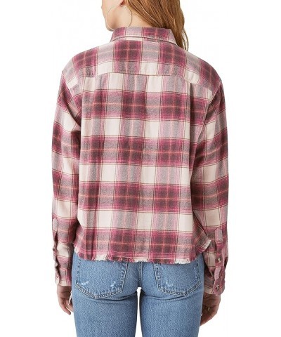 Women's Raw Edge Plaid Cropped Button Down Shirt Pink Plaid $23.31 Blouses