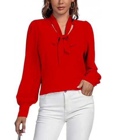 Women's Elegant Bow Tie Neck Long Sleeve Blouse Office Top Shirt Red $18.87 Blouses