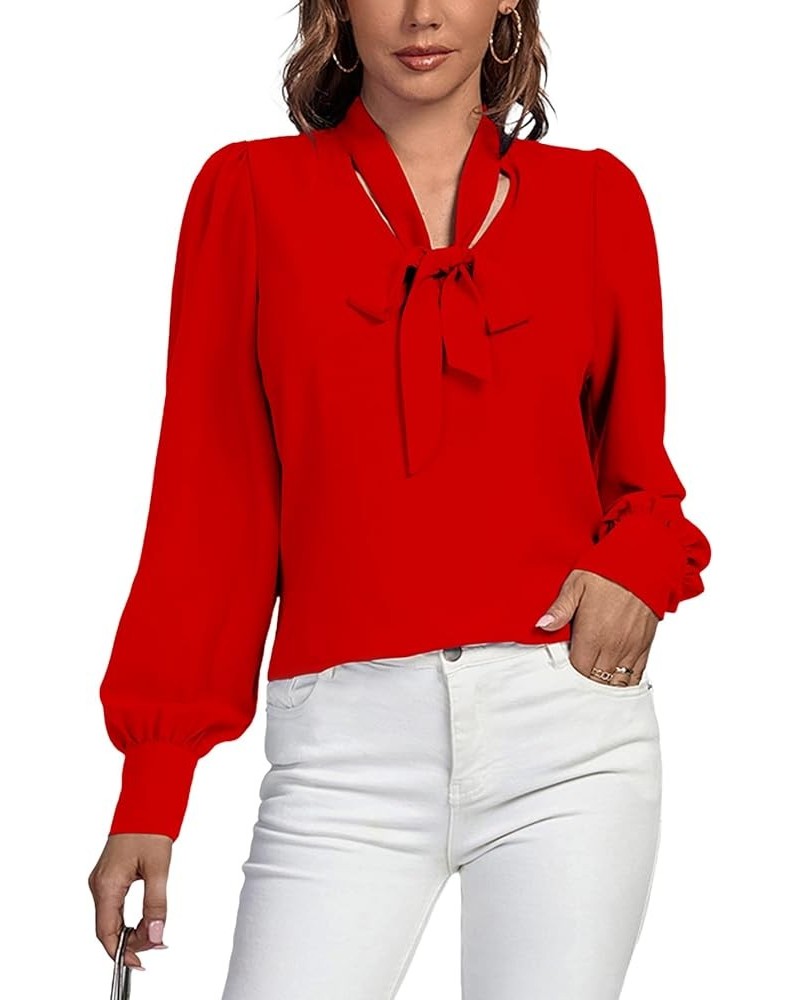 Women's Elegant Bow Tie Neck Long Sleeve Blouse Office Top Shirt Red $18.87 Blouses