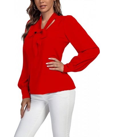 Women's Elegant Bow Tie Neck Long Sleeve Blouse Office Top Shirt Red $18.87 Blouses