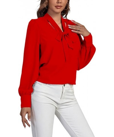 Women's Elegant Bow Tie Neck Long Sleeve Blouse Office Top Shirt Red $18.87 Blouses