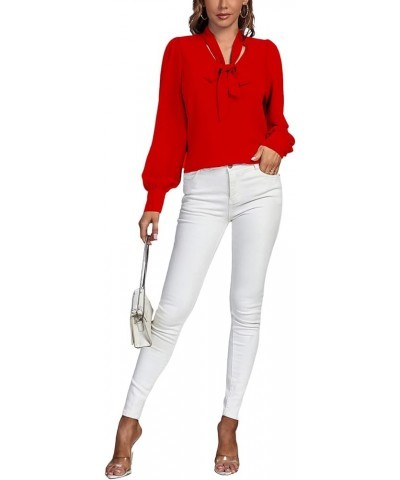 Women's Elegant Bow Tie Neck Long Sleeve Blouse Office Top Shirt Red $18.87 Blouses