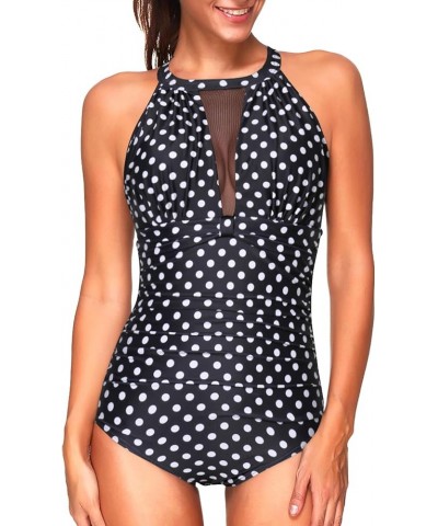 Women One Piece Swimsuit High Neck Plunge Ruched Tummy Control Bathing Suit Black Polka Dot $14.00 Swimsuits