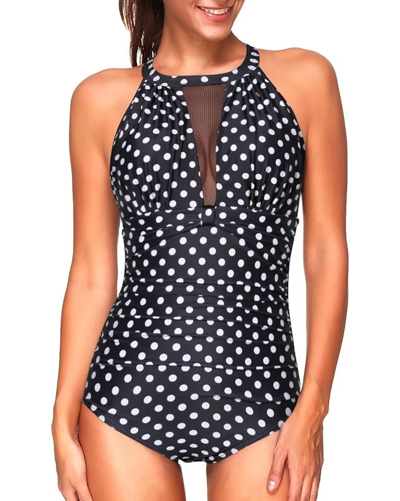 Women One Piece Swimsuit High Neck Plunge Ruched Tummy Control Bathing Suit Black Polka Dot $14.00 Swimsuits