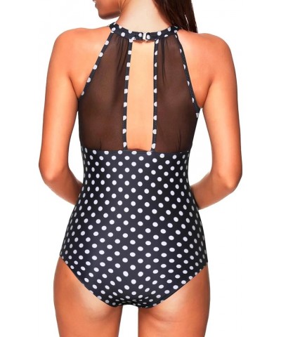 Women One Piece Swimsuit High Neck Plunge Ruched Tummy Control Bathing Suit Black Polka Dot $14.00 Swimsuits