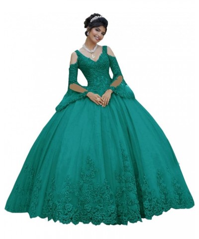 Long Sleeve Lace Quinceanera Dresses Ball Gown Princess Tulle Prom Gown for Sweet 15 16 Teens Turquoise $77.42 Dresses