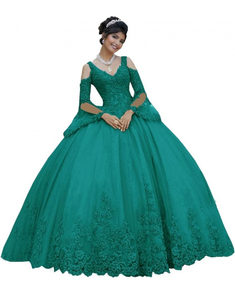 Long Sleeve Lace Quinceanera Dresses Ball Gown Princess Tulle Prom Gown for Sweet 15 16 Teens Turquoise $77.42 Dresses