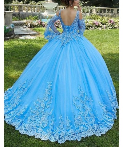 Long Sleeve Lace Quinceanera Dresses Ball Gown Princess Tulle Prom Gown for Sweet 15 16 Teens Turquoise $77.42 Dresses