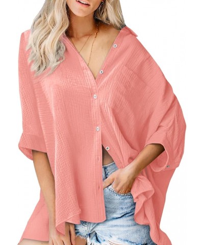 Women 2024 Oversized Button Down Shirts 3/4 Sleeve Blouse V-Neck Textured Shirts Za Pink $12.30 Blouses