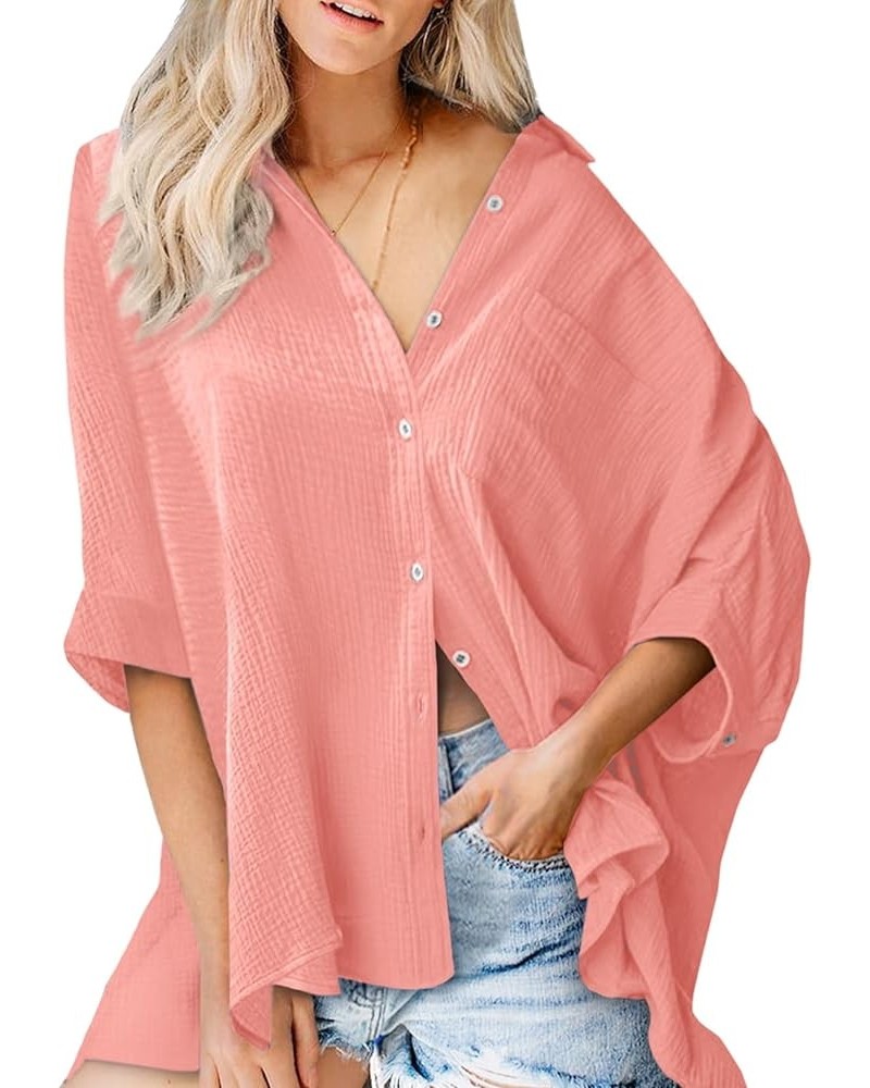 Women 2024 Oversized Button Down Shirts 3/4 Sleeve Blouse V-Neck Textured Shirts Za Pink $12.30 Blouses