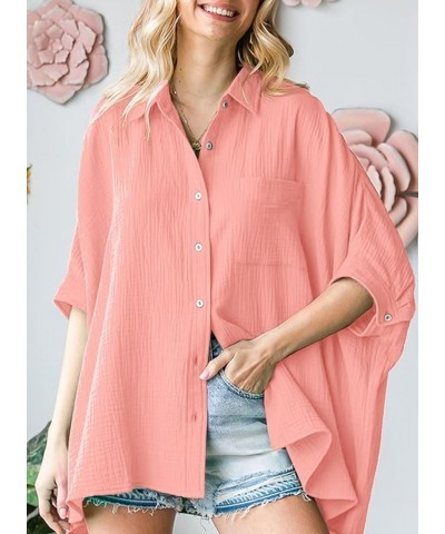 Women 2024 Oversized Button Down Shirts 3/4 Sleeve Blouse V-Neck Textured Shirts Za Pink $12.30 Blouses