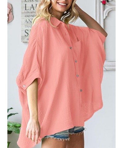 Women 2024 Oversized Button Down Shirts 3/4 Sleeve Blouse V-Neck Textured Shirts Za Pink $12.30 Blouses