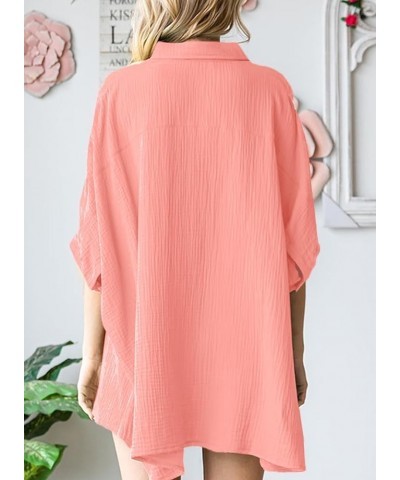 Women 2024 Oversized Button Down Shirts 3/4 Sleeve Blouse V-Neck Textured Shirts Za Pink $12.30 Blouses