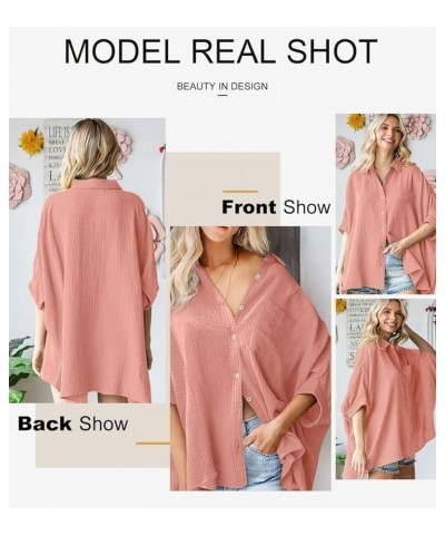 Women 2024 Oversized Button Down Shirts 3/4 Sleeve Blouse V-Neck Textured Shirts Za Pink $12.30 Blouses