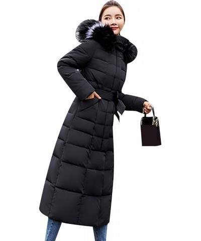 Women's Winter Hooded Long Coat Warm Puffer Jacket with Faux Fur Trim Black $24.48 Jackets