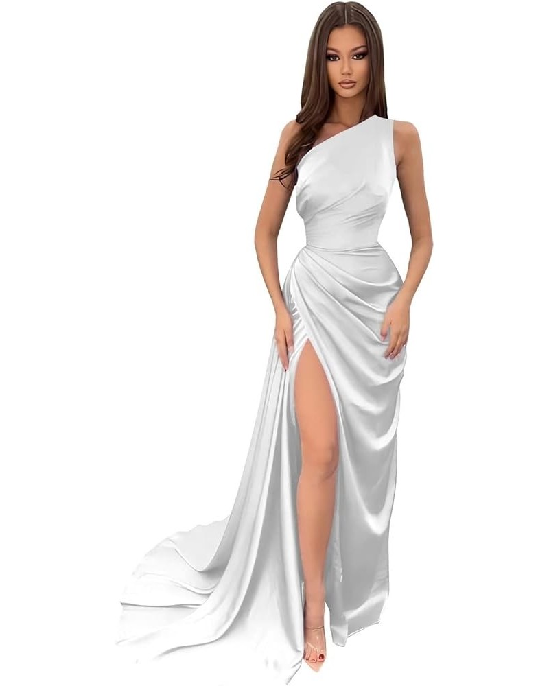 One Shoulder Bridesmaid Dresses for Women Bodycon Mermaid Satin Ruched Formal Party Dress with Slit Maxi Gowns BD363 Silver $...